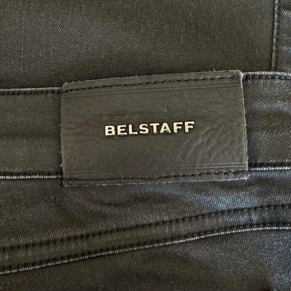 Belstaff Black Biker Pants Size 29 Moto-Inspired Stretch Denim Ribbed Knee Waxed - Picture 6 of 9